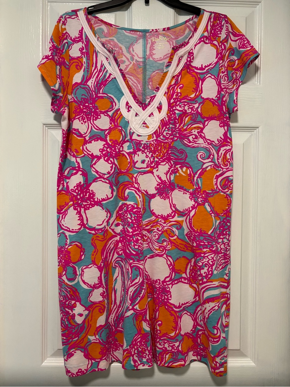 Lilly Pulitzer Floral V-Neck Short Sleeve Women’s Dress in Pink, Orange & Aqua L
